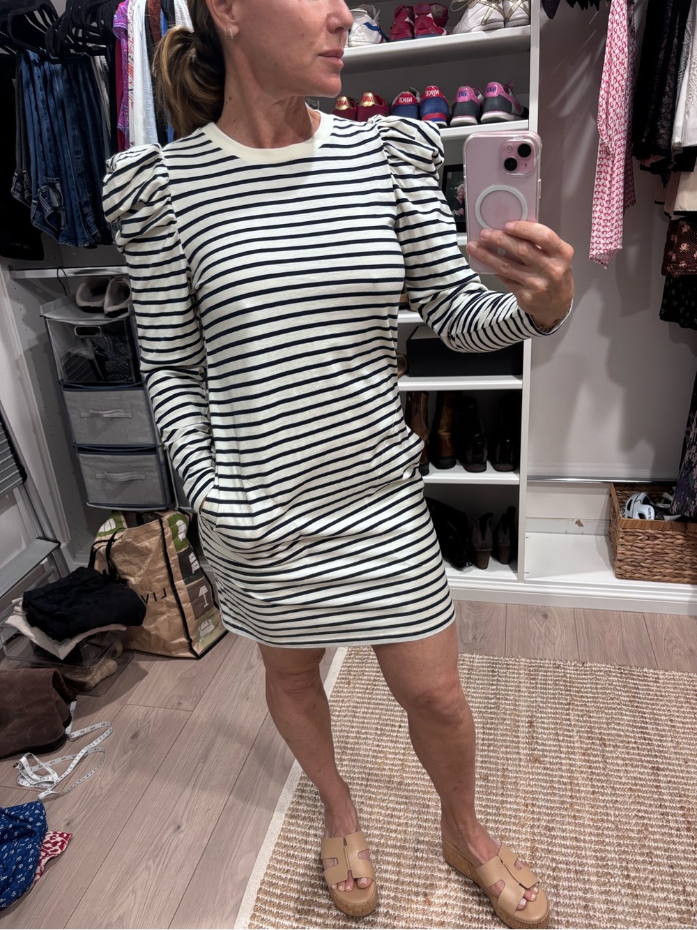 Clare V. Navy & White Striped Puff Sleeve Mini Dress XS Made in LA
